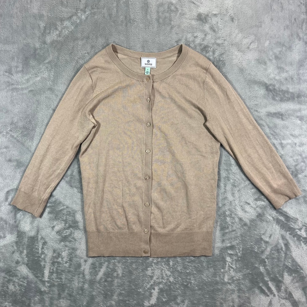 SUSINA Cardigan Womens Small Tan Beige 3/4 Sleeve Button Up Crew Neck Sweater